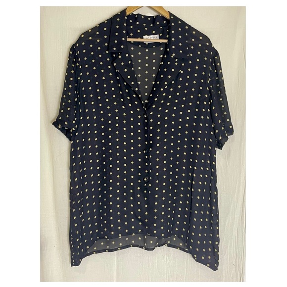 Vintage Tops - Vintage 80s Sheer Silk Black and Cream Polka Dot Button Up Blouse Top